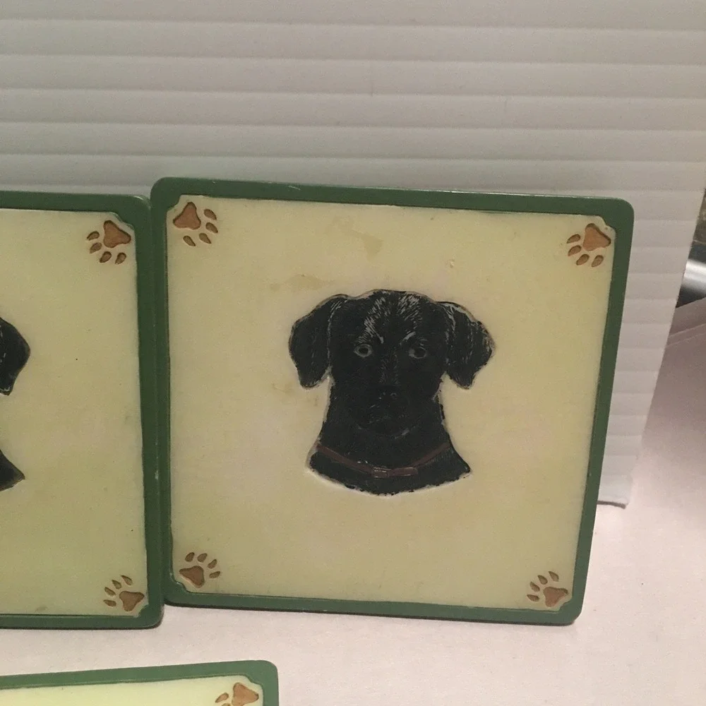 Black Lab Dogs Four Coaster Set with Holder Handpainted 3D Resin Read Descript
